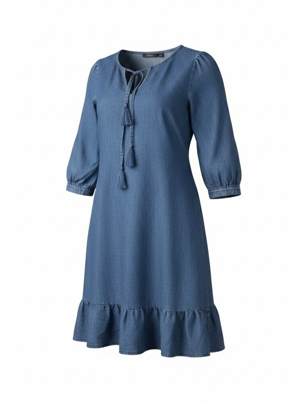G by Giuliana Denim-Blue Tie-Neck Ruffle Hem Midi Dress